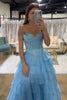 Laden Sie das Bild in den Galerie-Viewer, Meerjungfrau Blaue Trägerlos Korsett Gestufte Lange Abendkleid
