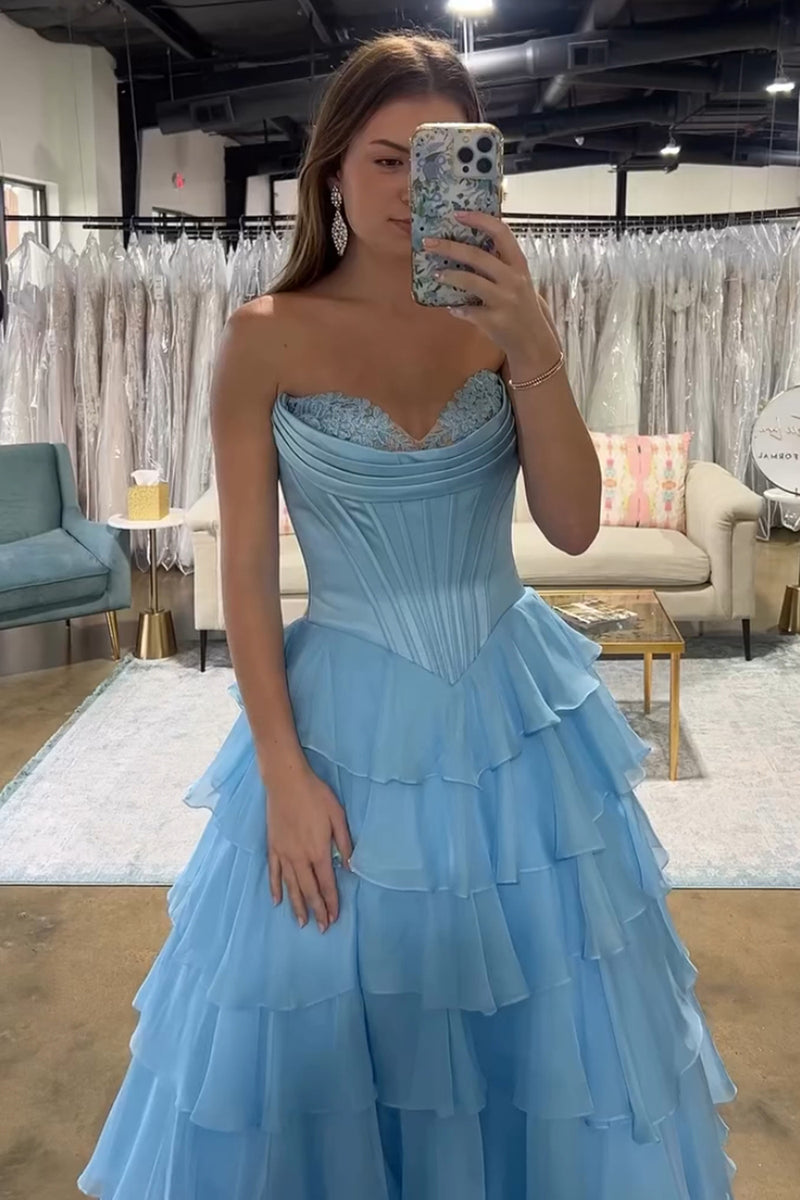 Laden Sie das Bild in den Galerie-Viewer, Meerjungfrau Blaue Trägerlos Korsett Gestufte Lange Abendkleid