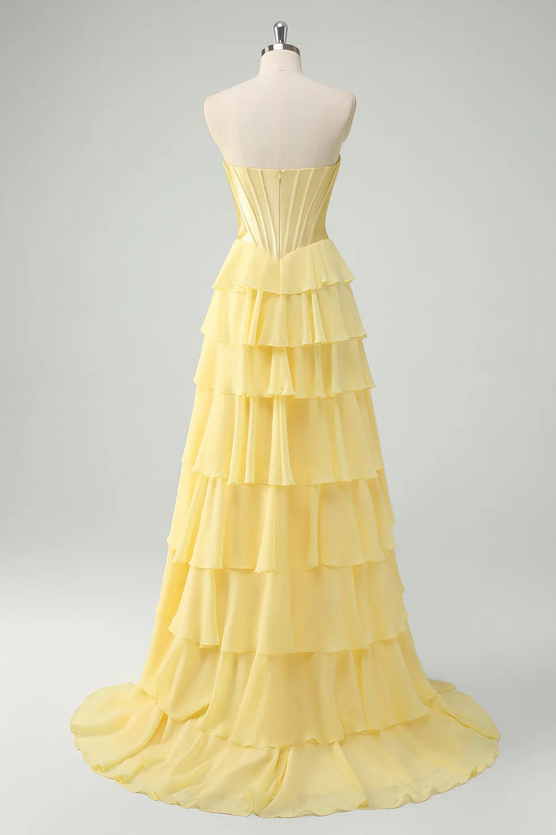 Laden Sie das Bild in den Galerie-Viewer, Fuchsia Trägerloses Korsett Gestreift Lange Chiffon Abendkleid mit Schlitz