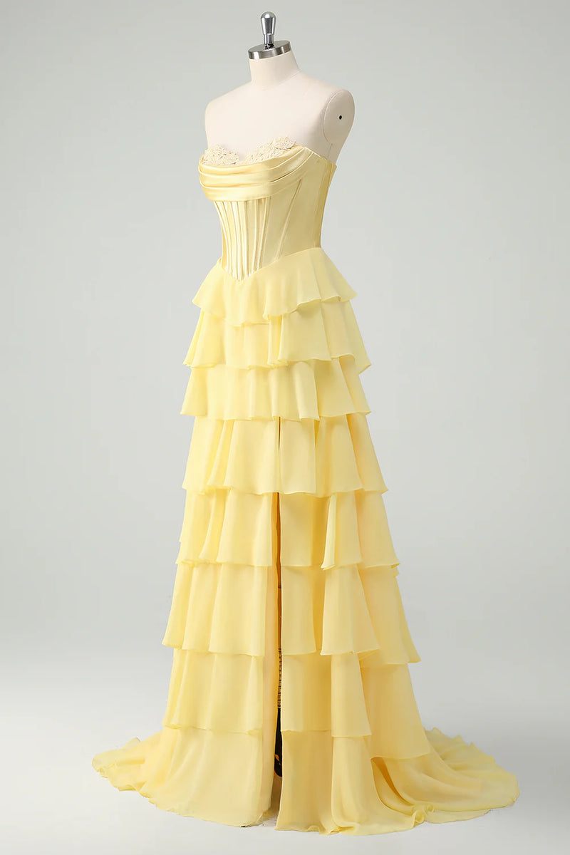 Laden Sie das Bild in den Galerie-Viewer, Fuchsia Trägerloses Korsett Gestreift Lange Chiffon Abendkleid mit Schlitz
