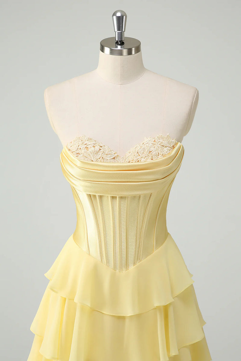 Laden Sie das Bild in den Galerie-Viewer, Fuchsia Trägerloses Korsett Gestreift Lange Chiffon Abendkleid mit Schlitz
