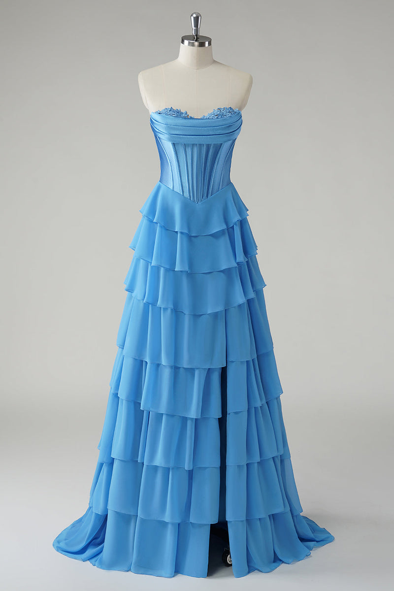 Laden Sie das Bild in den Galerie-Viewer, Fuchsia Trägerloses Korsett Gestreift Lange Chiffon Abendkleid mit Schlitz