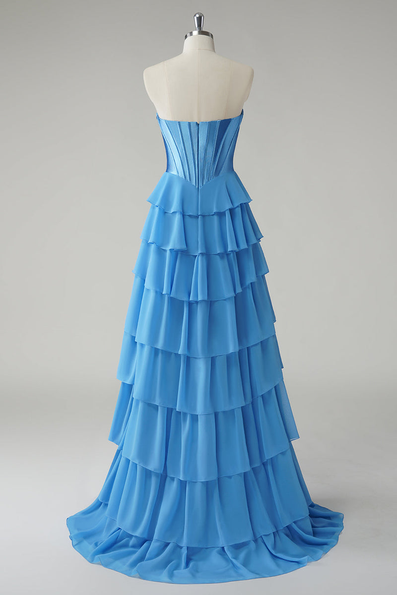 Laden Sie das Bild in den Galerie-Viewer, Fuchsia Trägerloses Korsett Gestreift Lange Chiffon Abendkleid mit Schlitz