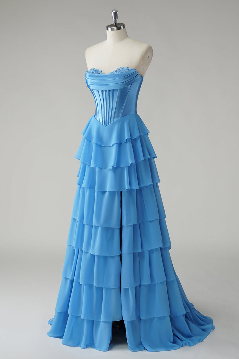 Laden Sie das Bild in den Galerie-Viewer, Fuchsia Trägerloses Korsett Gestreift Lange Chiffon Abendkleid mit Schlitz