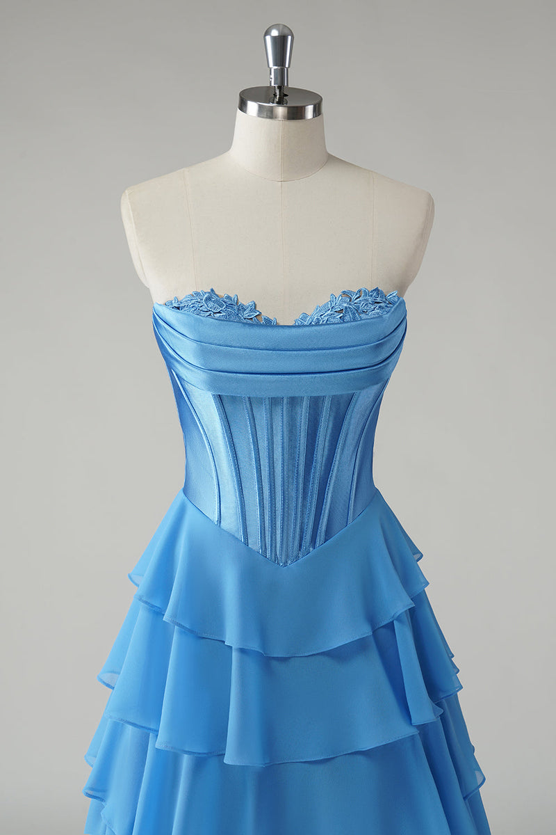 Laden Sie das Bild in den Galerie-Viewer, Fuchsia Trägerloses Korsett Gestreift Lange Chiffon Abendkleid mit Schlitz