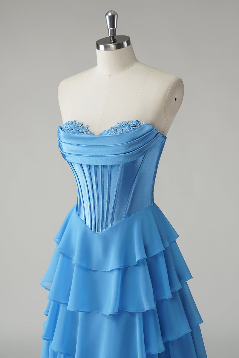 Laden Sie das Bild in den Galerie-Viewer, Fuchsia Trägerloses Korsett Gestreift Lange Chiffon Abendkleid mit Schlitz