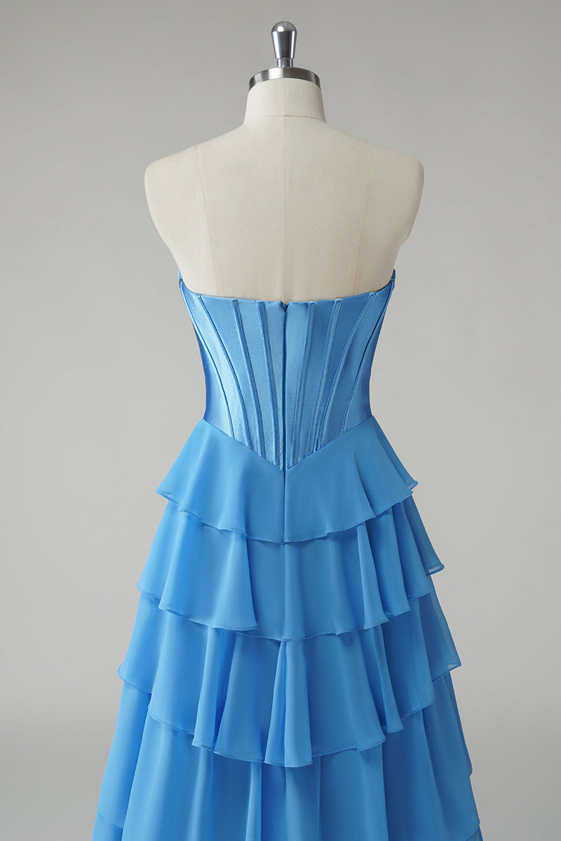 Laden Sie das Bild in den Galerie-Viewer, Fuchsia Trägerloses Korsett Gestreift Lange Chiffon Abendkleid mit Schlitz