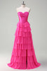 Laden Sie das Bild in den Galerie-Viewer, Fuchsia Trägerloses Korsett Gestreift Lange Chiffon Abendkleid mit Schlitz