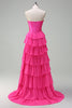 Laden Sie das Bild in den Galerie-Viewer, Fuchsia Trägerloses Korsett Gestreift Lange Chiffon Abendkleid mit Schlitz
