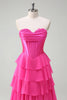 Laden Sie das Bild in den Galerie-Viewer, Fuchsia Trägerloses Korsett Gestreift Lange Chiffon Abendkleid mit Schlitz
