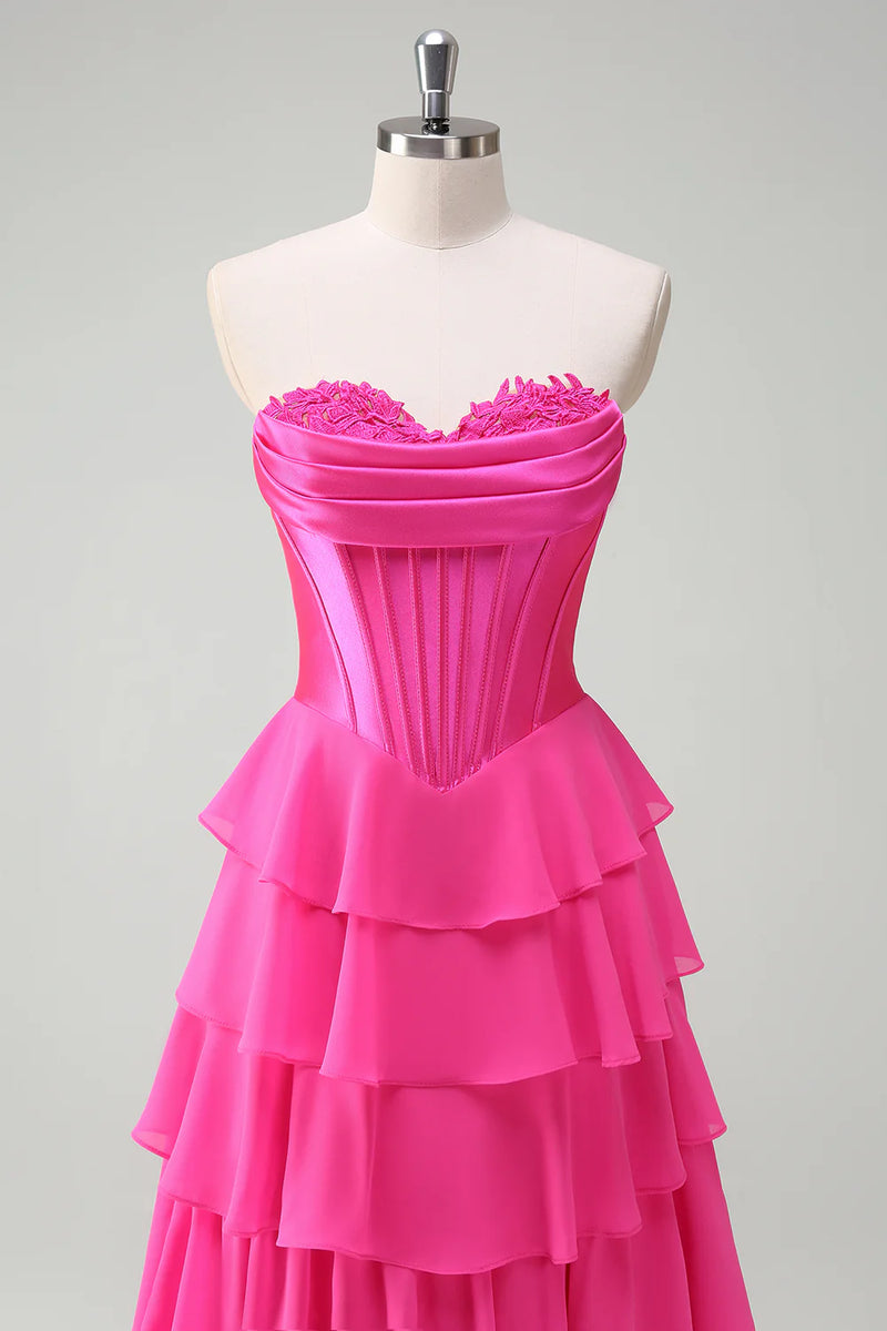 Laden Sie das Bild in den Galerie-Viewer, Fuchsia Trägerloses Korsett Gestreift Lange Chiffon Abendkleid mit Schlitz