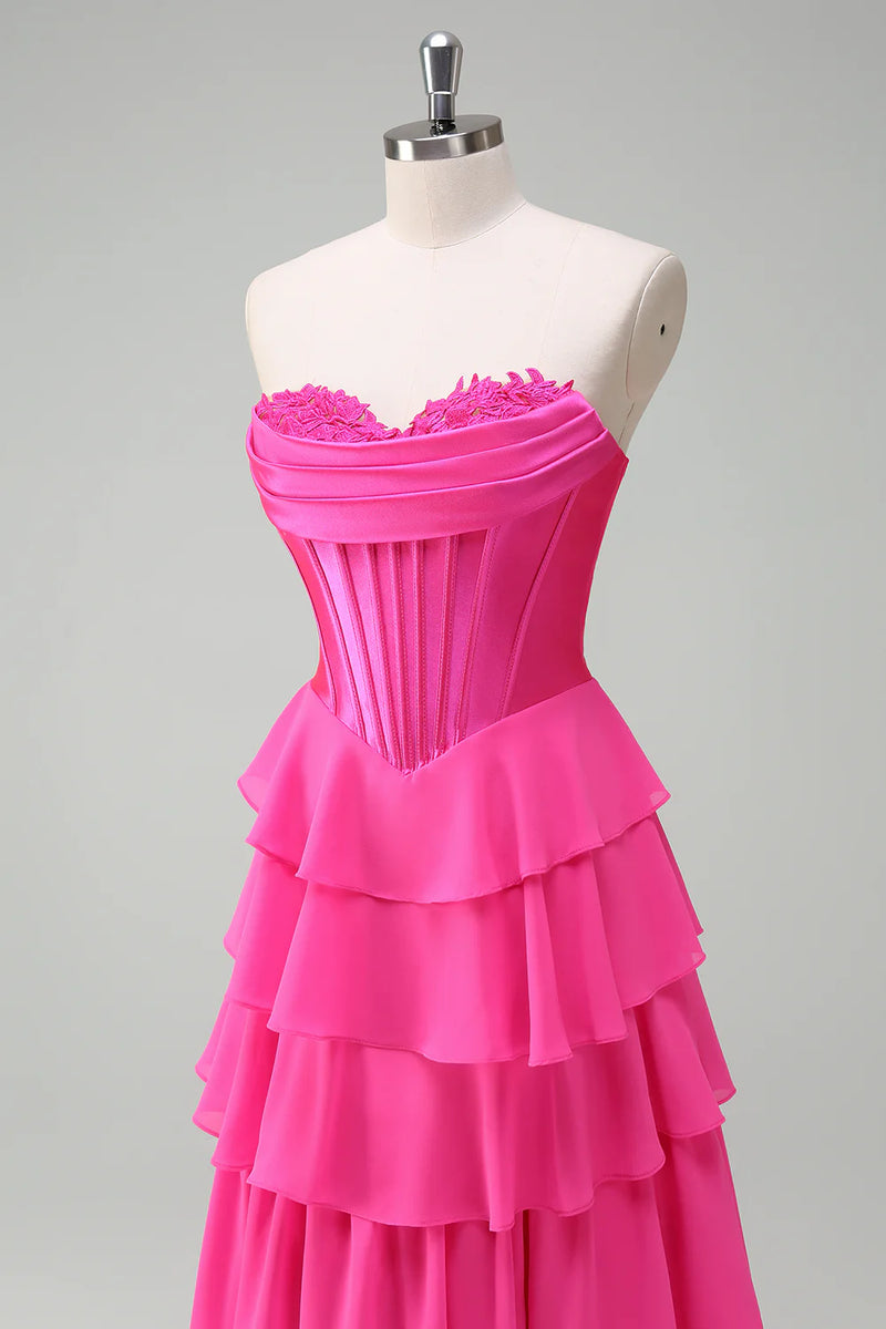 Laden Sie das Bild in den Galerie-Viewer, Fuchsia Trägerloses Korsett Gestreift Lange Chiffon Abendkleid mit Schlitz
