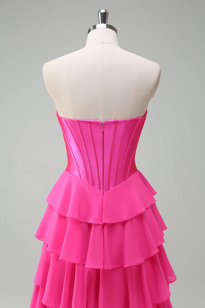 Laden Sie das Bild in den Galerie-Viewer, Fuchsia Trägerloses Korsett Gestreift Lange Chiffon Abendkleid mit Schlitz