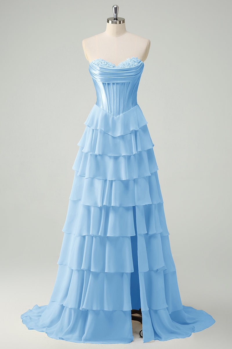 Laden Sie das Bild in den Galerie-Viewer, Fuchsia Trägerloses Korsett Gestreift Lange Chiffon Abendkleid mit Schlitz