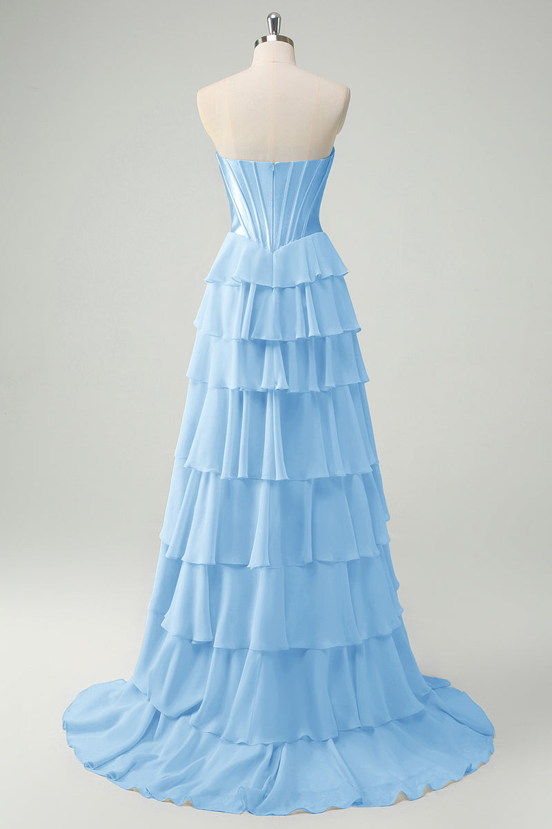 Laden Sie das Bild in den Galerie-Viewer, Fuchsia Trägerloses Korsett Gestreift Lange Chiffon Abendkleid mit Schlitz