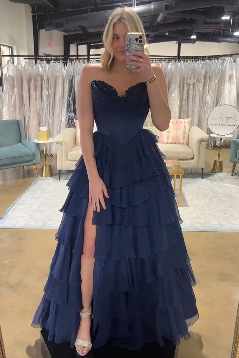 Laden Sie das Bild in den Galerie-Viewer, Helleblaue Meerjungfrau Trägerlos Korsett Gestufte Lange Abendkleid