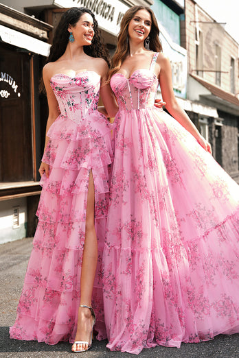 Rosa A Linien Trägerlos Korsett Langes Ballkleid mit Schlitz