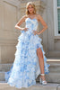 Laden Sie das Bild in den Galerie-Viewer, Blau A-Linie Herzaus Korsett Langes Abendkleid mit Blumen