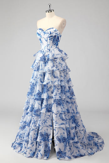 Blau A-Linie Herzaus Korsett Langes Abendkleid mit Blumen