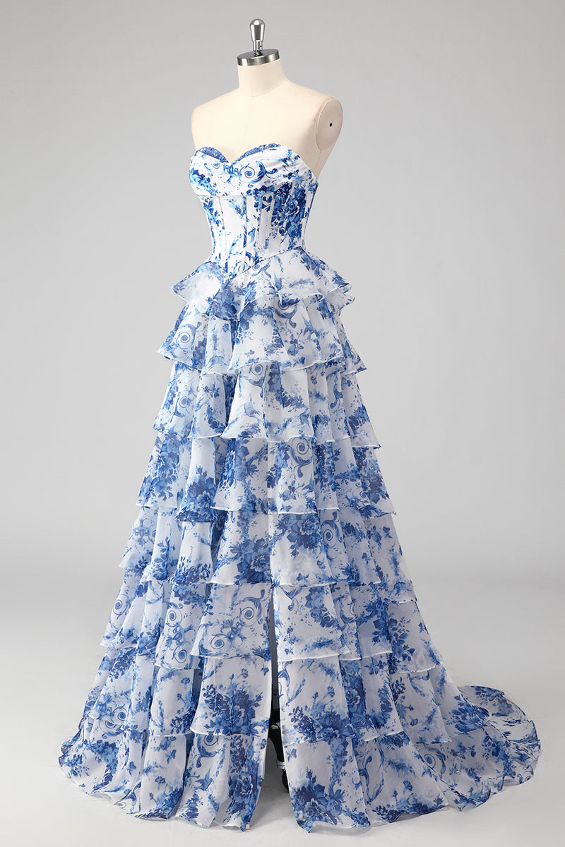Laden Sie das Bild in den Galerie-Viewer, Blau A-Linie Herzaus Korsett Langes Abendkleid mit Blumen