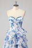 Laden Sie das Bild in den Galerie-Viewer, Blau A-Linie Herzaus Korsett Langes Abendkleid mit Blumen