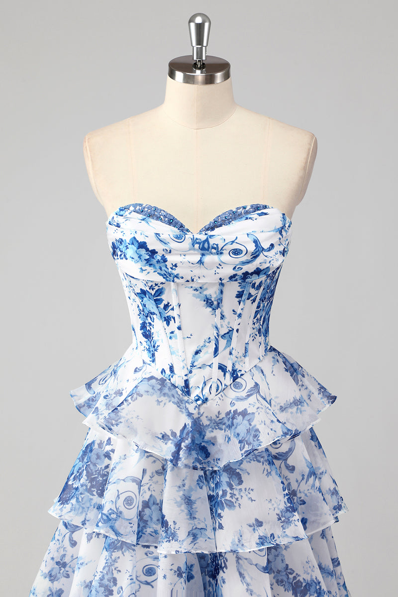 Laden Sie das Bild in den Galerie-Viewer, Blau A-Linie Herzaus Korsett Langes Abendkleid mit Blumen