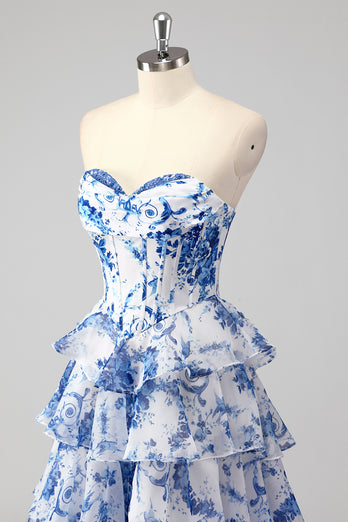 Blau A-Linie Herzaus Korsett Langes Abendkleid mit Blumen
