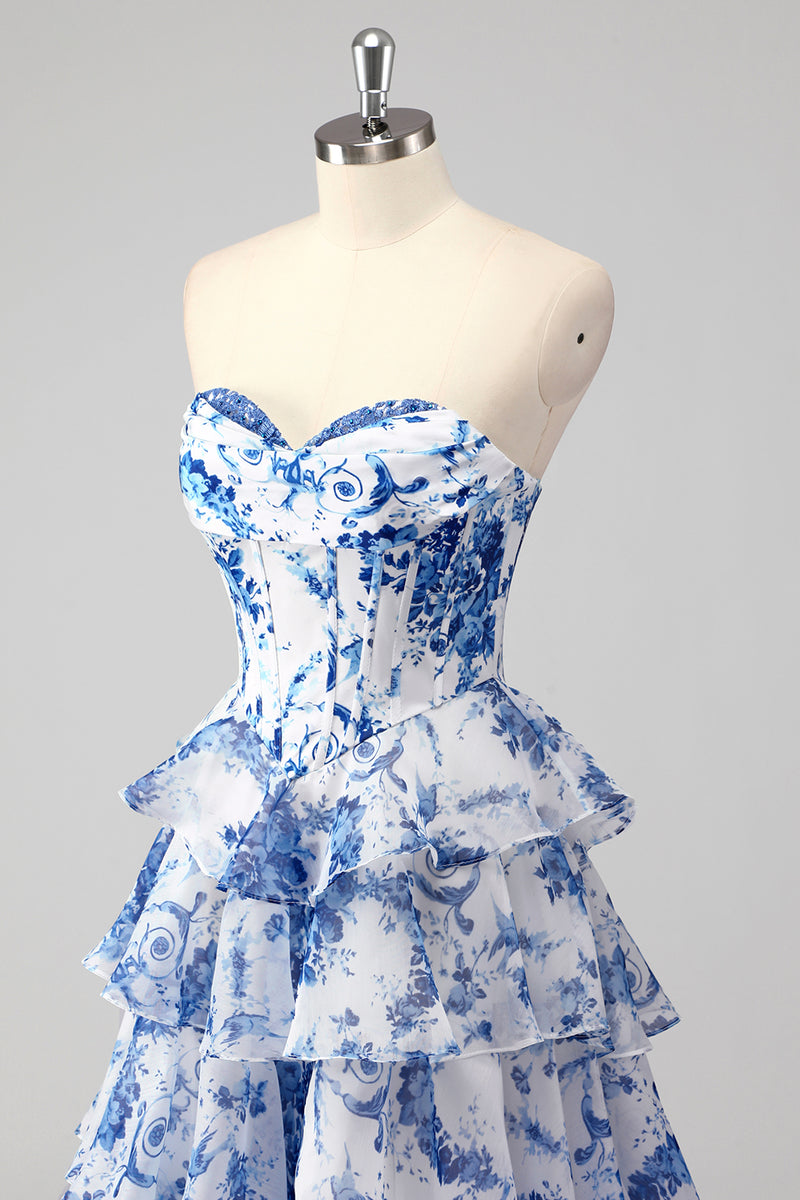 Laden Sie das Bild in den Galerie-Viewer, Blau A-Linie Herzaus Korsett Langes Abendkleid mit Blumen