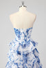 Laden Sie das Bild in den Galerie-Viewer, Blau A-Linie Herzaus Korsett Langes Abendkleid mit Blumen