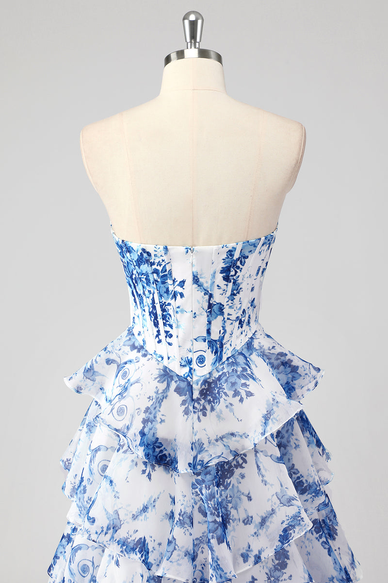 Laden Sie das Bild in den Galerie-Viewer, Blau A-Linie Herzaus Korsett Langes Abendkleid mit Blumen