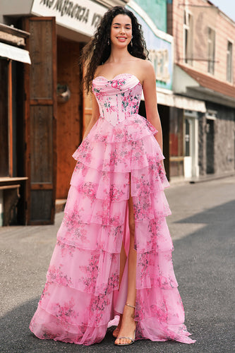 Rosa A Linien Trägerlos Korsett Langes Ballkleid mit Schlitz