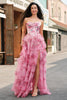 Laden Sie das Bild in den Galerie-Viewer, Rosa A Linien Trägerlos Bedrucktes Langes Korsett Ballkleid mit Schlitz