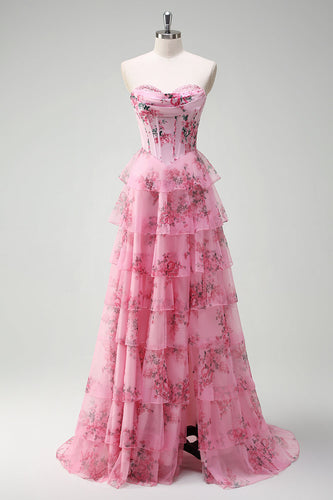 Rosa A Linien Trägerlos Bedrucktes Langes Korsett Ballkleid mit Schlitz