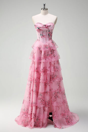 Rosa A Linien Trägerlos Korsett Langes Ballkleid mit Schlitz