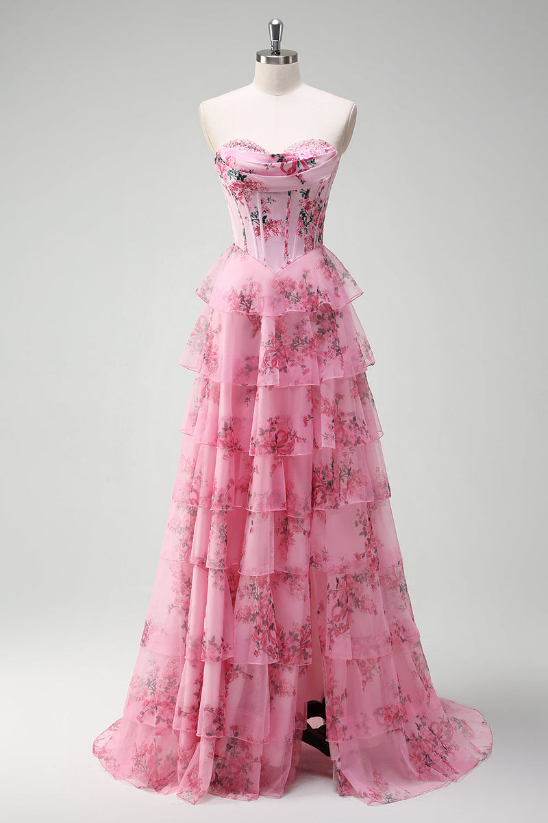 Laden Sie das Bild in den Galerie-Viewer, Rosa A Linien Trägerlos Korsett Langes Ballkleid mit Schlitz