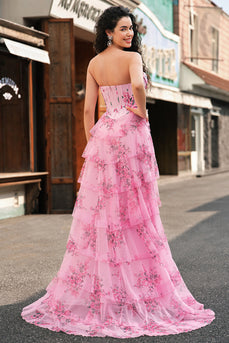 Rosa A Linien Trägerlos Korsett Langes Ballkleid mit Schlitz