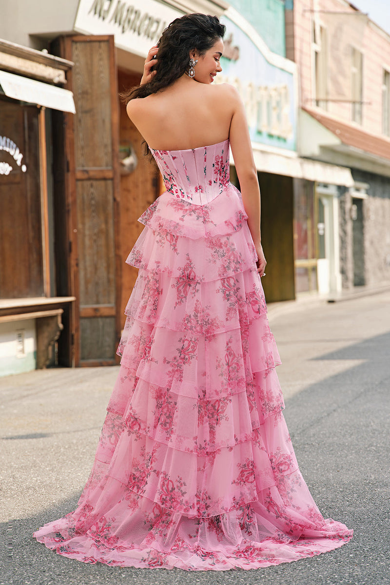 Laden Sie das Bild in den Galerie-Viewer, Rosa A Linien Trägerlos Bedrucktes Langes Korsett Ballkleid mit Schlitz