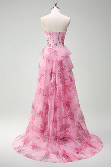 Rosa A Linien Trägerlos Bedrucktes Langes Korsett Ballkleid mit Schlitz