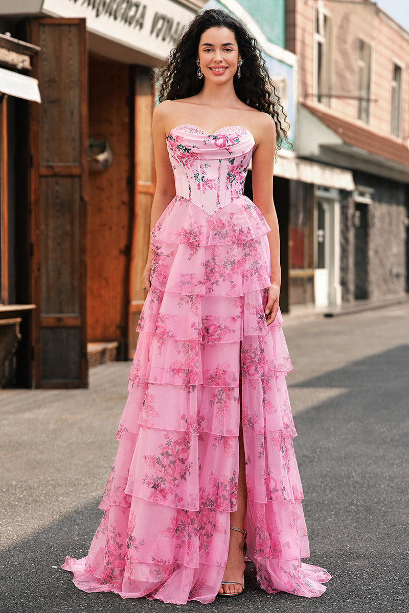 Laden Sie das Bild in den Galerie-Viewer, Rosa A Linien Trägerlos Korsett Langes Ballkleid mit Schlitz
