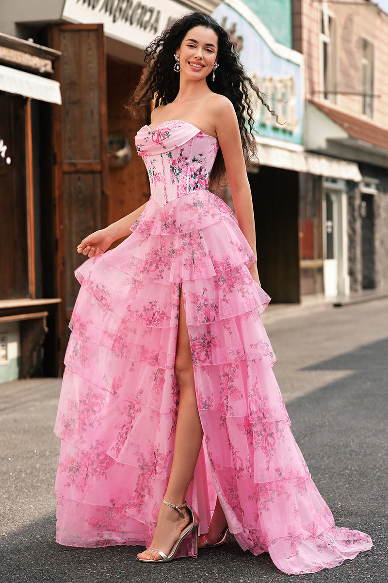 Laden Sie das Bild in den Galerie-Viewer, Rosa A Linien Trägerlos Korsett Langes Ballkleid mit Schlitz