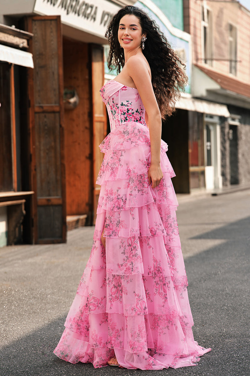 Laden Sie das Bild in den Galerie-Viewer, Rosa A Linien Trägerlos Korsett Langes Ballkleid mit Schlitz