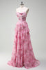 Laden Sie das Bild in den Galerie-Viewer, Rosa A Linien Trägerlos Bedrucktes Langes Korsett Ballkleid mit Schlitz