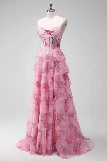 Rosa A Linien Trägerlos Bedrucktes Langes Korsett Ballkleid mit Schlitz