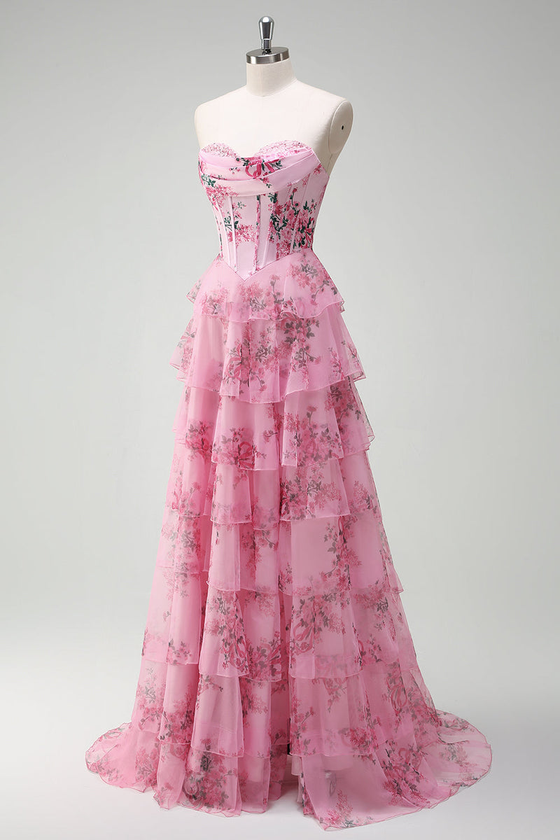 Laden Sie das Bild in den Galerie-Viewer, Rosa A Linien Trägerlos Bedrucktes Langes Korsett Ballkleid mit Schlitz