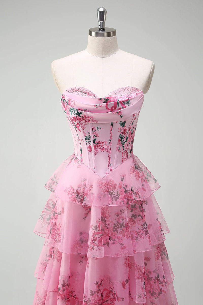 Laden Sie das Bild in den Galerie-Viewer, Rosa A Linien Trägerlos Bedrucktes Langes Korsett Ballkleid mit Schlitz
