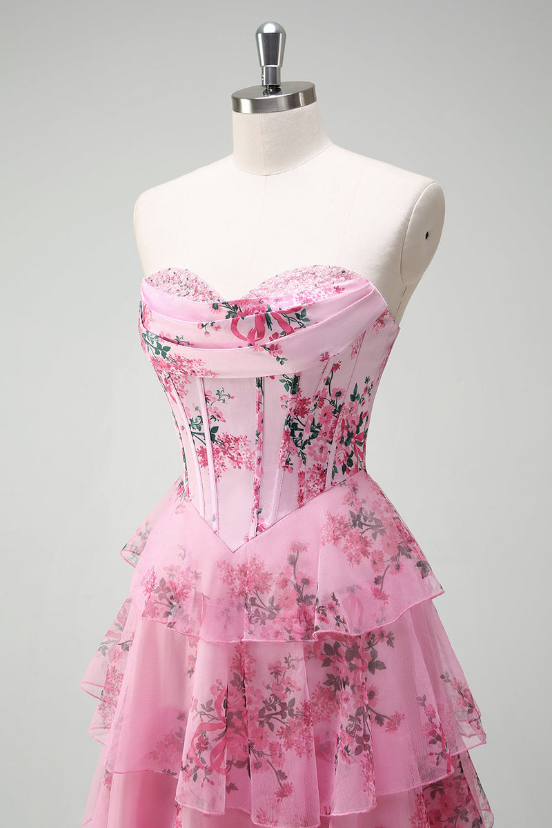 Laden Sie das Bild in den Galerie-Viewer, Rosa A Linien Trägerlos Bedrucktes Langes Korsett Ballkleid mit Schlitz