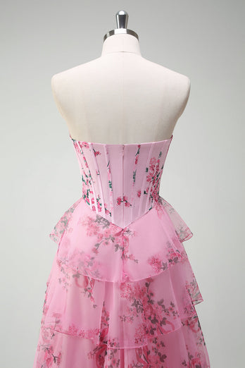 Rosa A Linien Trägerlos Bedrucktes Langes Korsett Ballkleid mit Schlitz