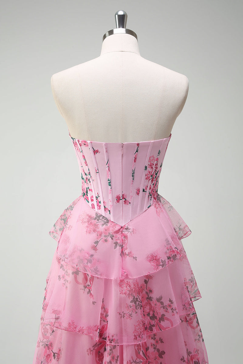 Laden Sie das Bild in den Galerie-Viewer, Rosa A Linien Trägerlos Bedrucktes Langes Korsett Ballkleid mit Schlitz