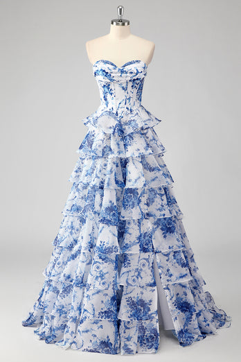 A-Linie Errötendes Herzausschnitt Korsett Langes Abendkleid mit Blumen-Print