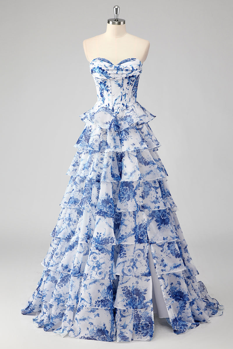 Laden Sie das Bild in den Galerie-Viewer, A-Linie Errötendes Herzausschnitt Korsett Langes Abendkleid mit Blumen-Print
